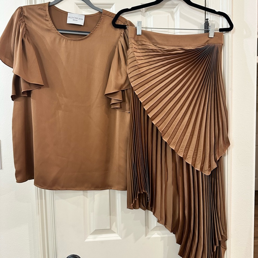 Elegant Asymmetrical Skirt and matching shirt in Rich Brown